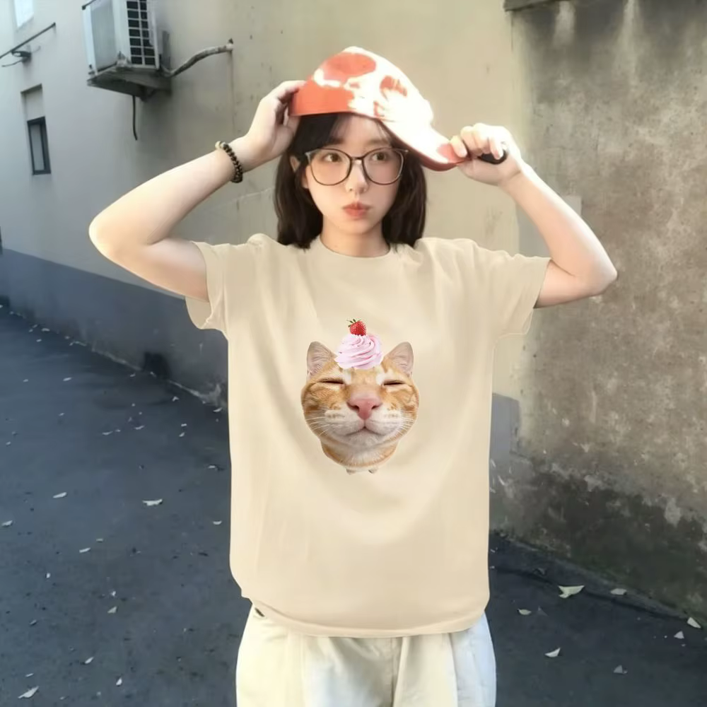 T-shirt graphique Kawaii Chat Crème pour Femme, Manches Courtes d'Été, Vêtements Amusants à Imprimé Meme avec Nombreuses Évaluations Coréennes, Livraison Gratuite pour Femme