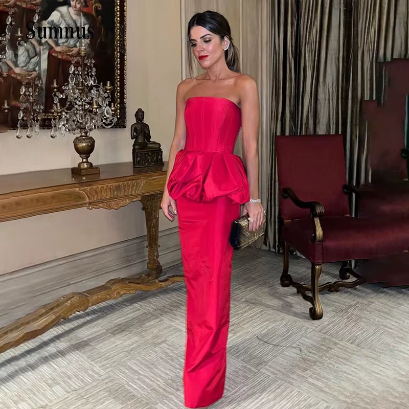 Robe de soirée droite en Satin rouge, sans bretelles, plissée, longueur au sol, robes de Banquet, dos fendu, fermeture éclair, robe formelle pour femmes, personnalisée