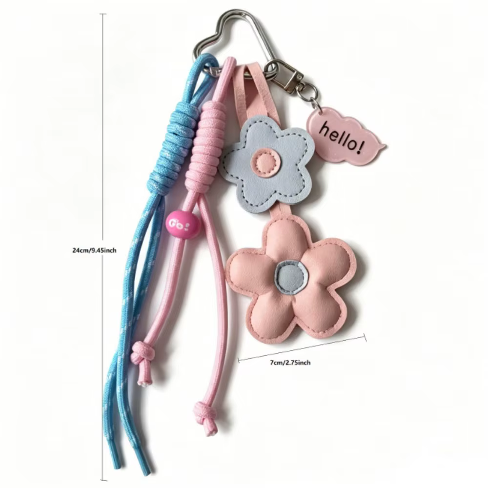 Porte-clés en cuir avec fleurs roses et bleues, cordon tressé et pendentif en acrylique, accessoire mignon pastel pour sacs et clés féminins