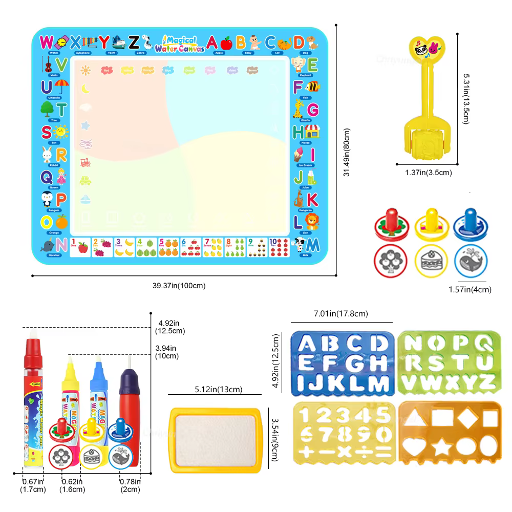 Tapis de dessin à l'eau magique 100x80CM, avec stylos magiques réutilisables, planche de peinture Doodle Montessori, jouets éducatifs, cadeaux pour enfants 39x31 pouces