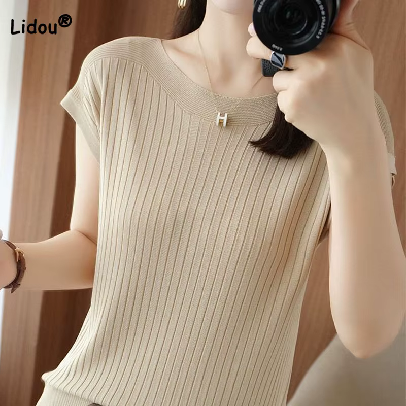 Vêtements pour femmes élégant tout-match couleur unie glace soie T-shirt 2023 été femme coréenne simplicité ample à manches courtes hauts