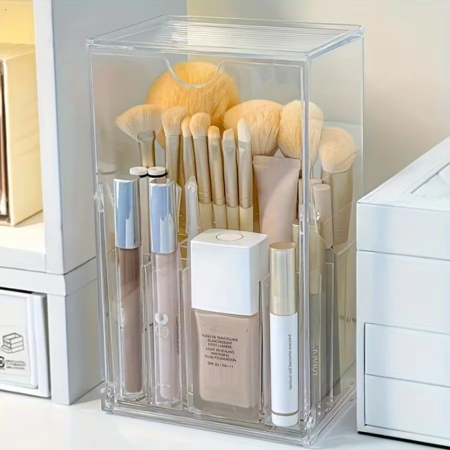 Coiffeuse boîte de rangement acrylique porte-brosse de maquillage Transparent réglable bureau salle de bain étanche accessoires de rangement