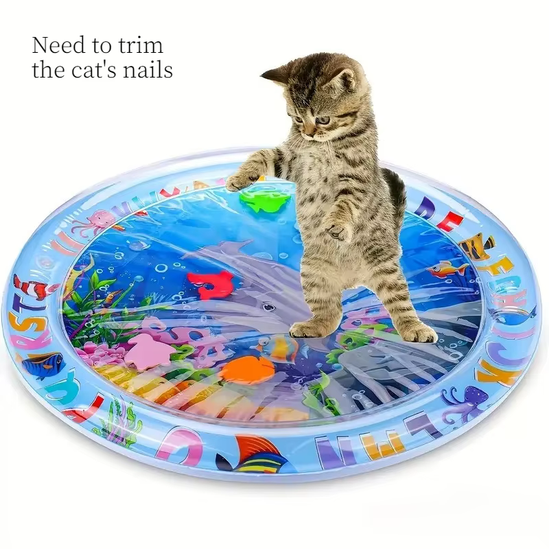 Tapis d'eau sensoriel pour chat, tapis de jeu aquatique pour chat en PVC, tapis d'éveil interactif pour chat avec poissons océaniques, jouet interactif pour chat