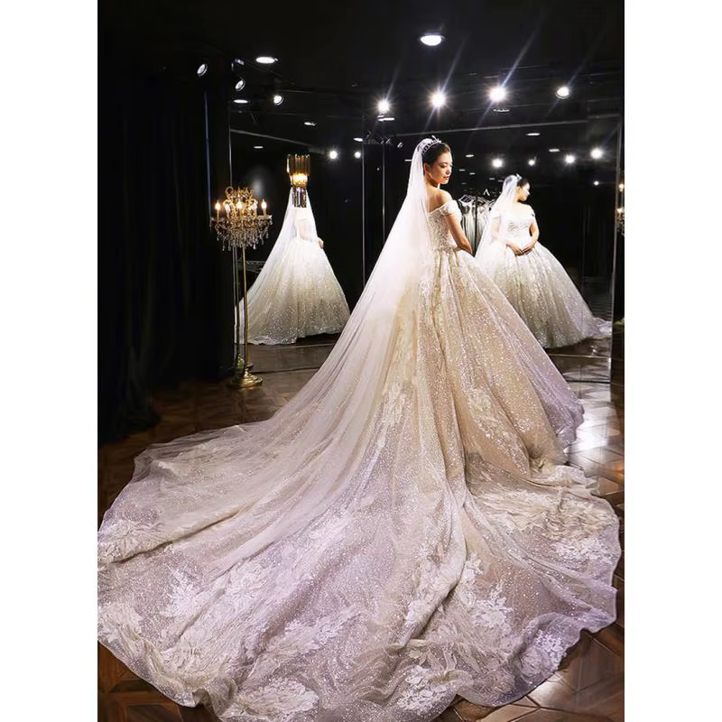 Robe de mariée principale une épaule mariée longue feu arrière robe de mariée ciel étoilé Super immortel spectacle robe mince personnalisée