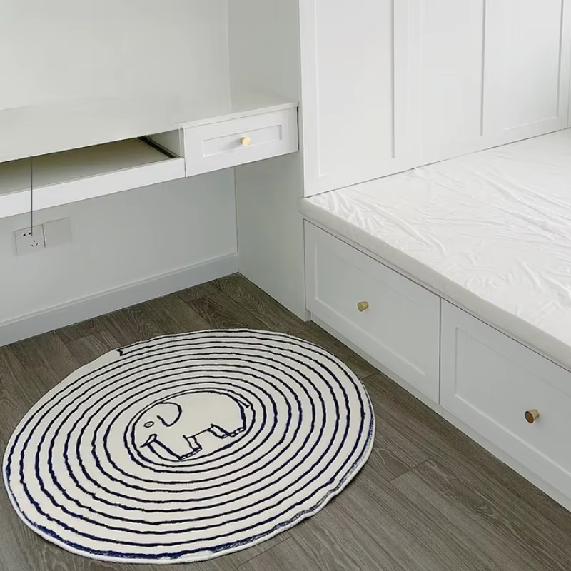 Tapis de dessin animé d'éléphant rayé, décoration de maison, de chambre à coucher, de salon, de porte d'entrée, tapis de jeu rond mignon pour enfants