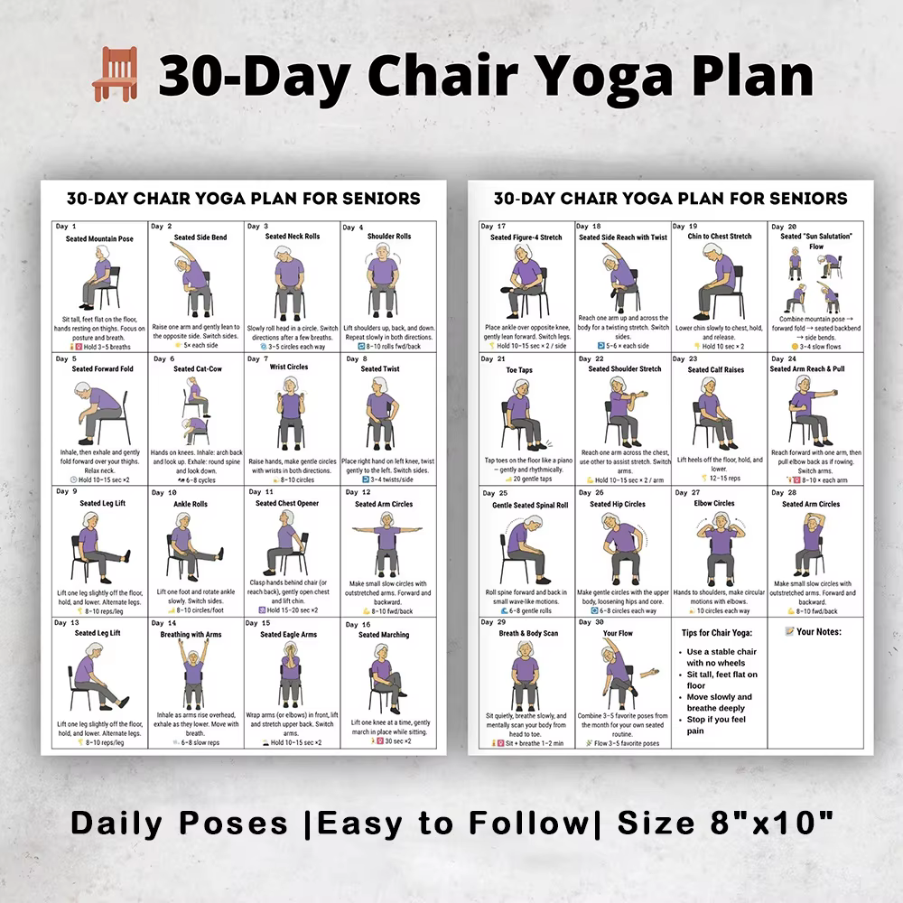 Affiche de plan d'entraînement de yoga en position assise sur 30 jours pour les seniors