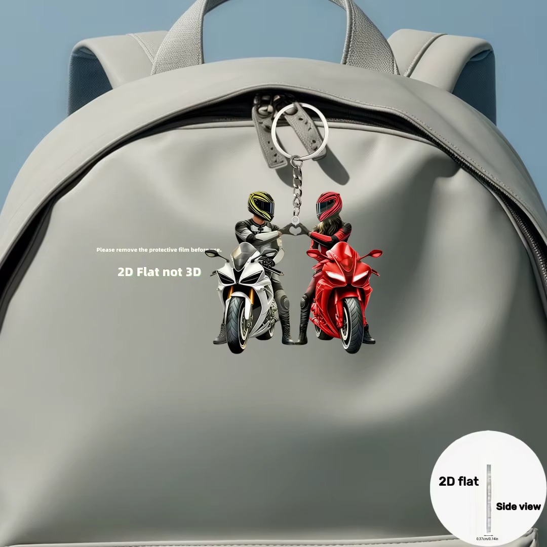 Porte-clés 2D cool pour couple, pendentif en acrylique pour passionnés de moto, accessoire décoratif plat à suspendre pour voiture, sac à dos, cadeau d'anniversaire