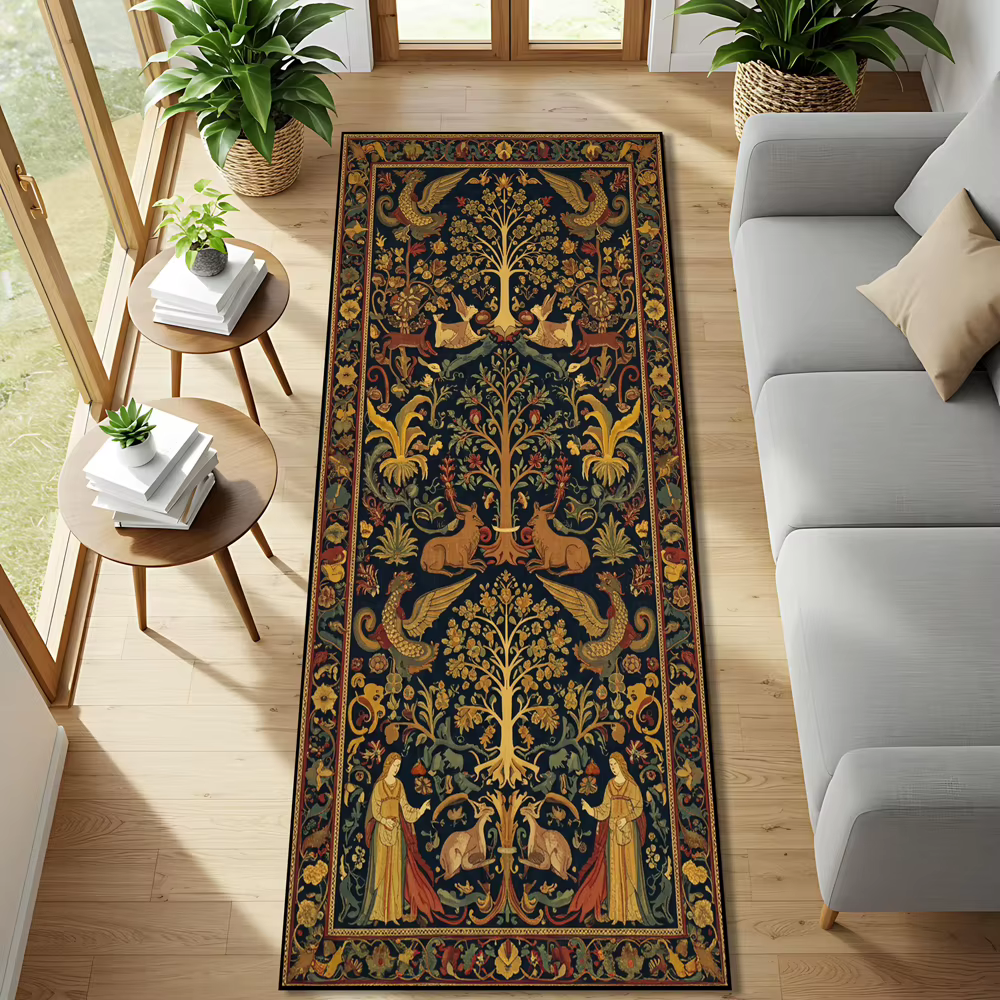 Tapis de couloir vintage à motif floral botanique style sirène, tapis décoratif rétro Art Nouveau à imprimé floral pour salon, chambre et couloir