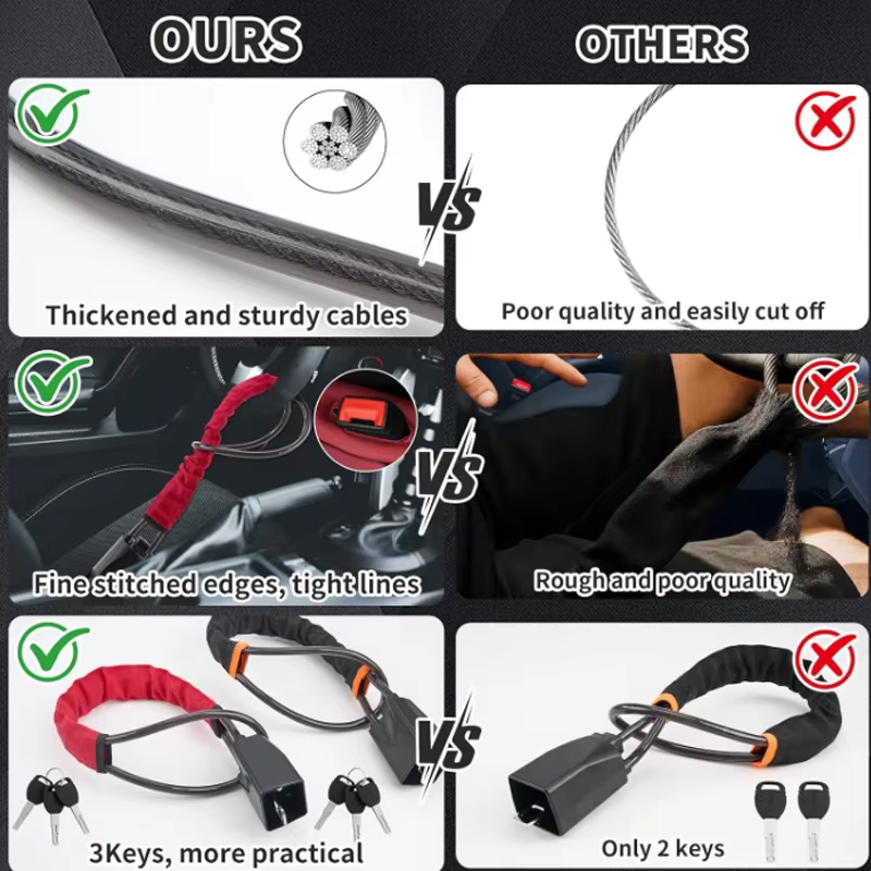 Verrou universel pour volant de voiture, avec boucles de ceinture de sécurité, 3 clés antivol pour véhicules, empêche le vol, corde de sécurité Durable