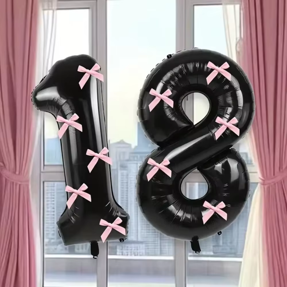 Ballon chiffre noir de 32 pouces avec nœuds roses, grand ballon en aluminium, ruban satiné, ballon décoratif, fournitures de fête
